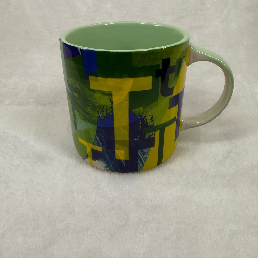 Anthropologie Lottie Monogram Mug Letter T Abstract Green Yellow Ceramic Cup
